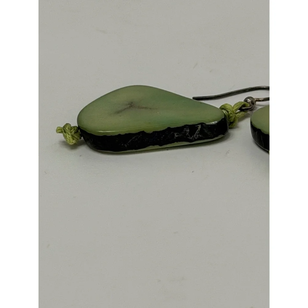 Artisan Tagua Nut Drop Earrings Sage Green Organic Vegetable Ivory Boho Dangle